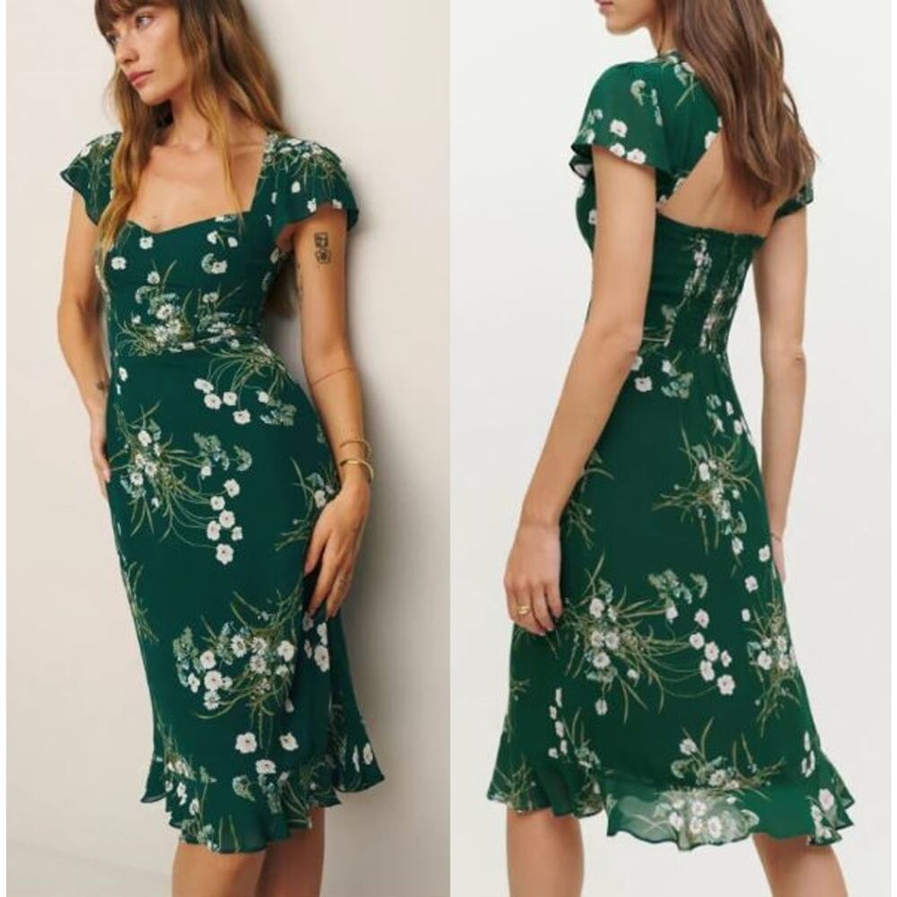 Reformation Green Floral Midi Dress